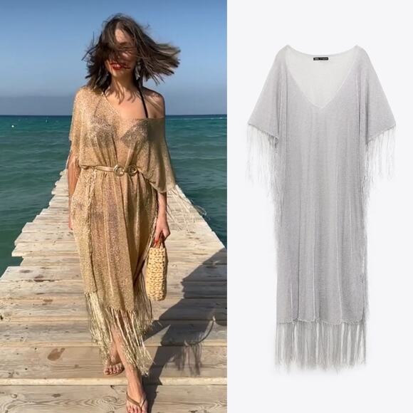 ZARA FRINGED METALLIC THREAD KAFTAN DRESS - Picture 1 of 10